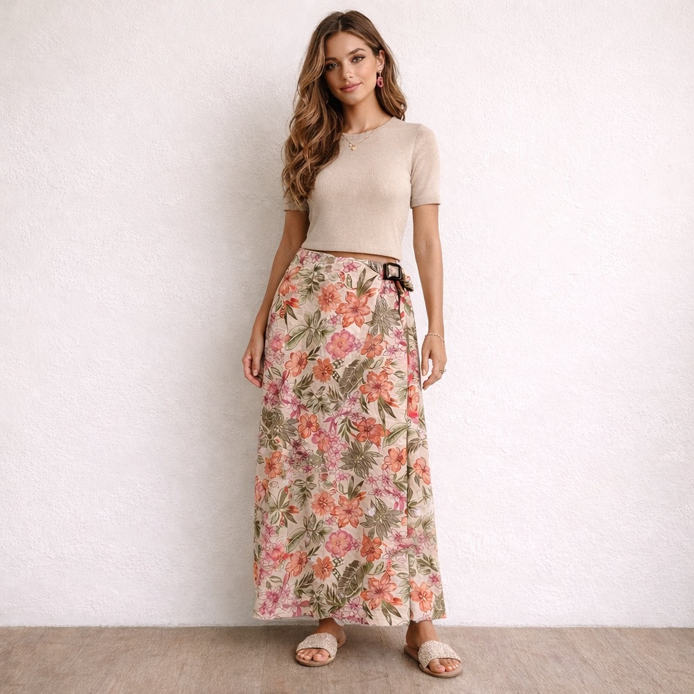 Charter Club linen maxi wrap skirt 4 floral pink cottage core beach luxury summe